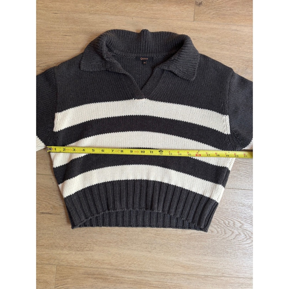 Quince Organic Cotton Striped Polo Sweater Charcoal Ivory XS Cropped V-Neck - Picture 8 of 10